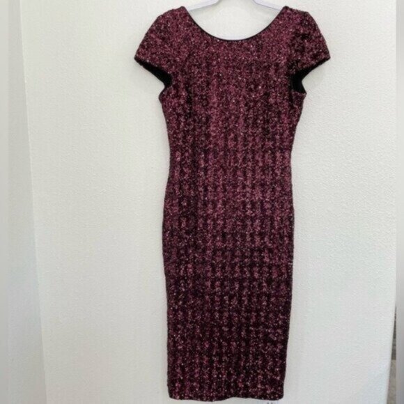 Dress The Population Elegant Sequin Midi Dress Burgundy Party Holiday Feminine - Picture 2 of 9